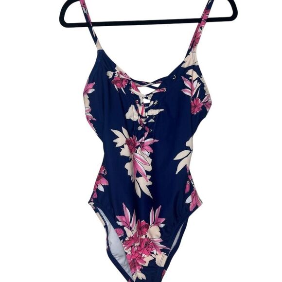 NWOT NAUTICA BLUE/PURPLE FLORAL LACE UP ONE PIECE SWIMSUIT WOMENS SIZE LARGE - Picture 1 of 10